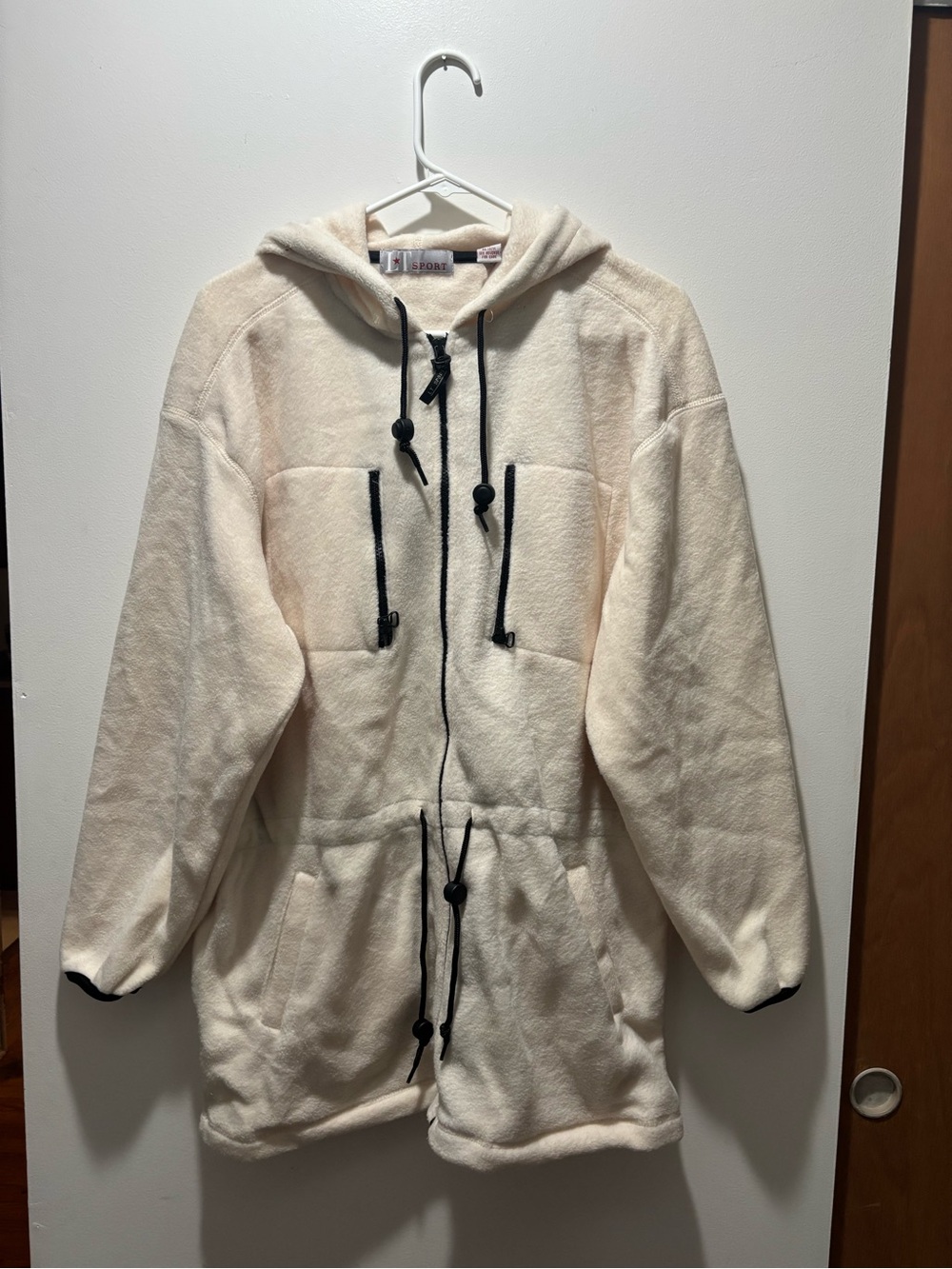 Cream Teddy Hooded Jacket with Black Contrast Details